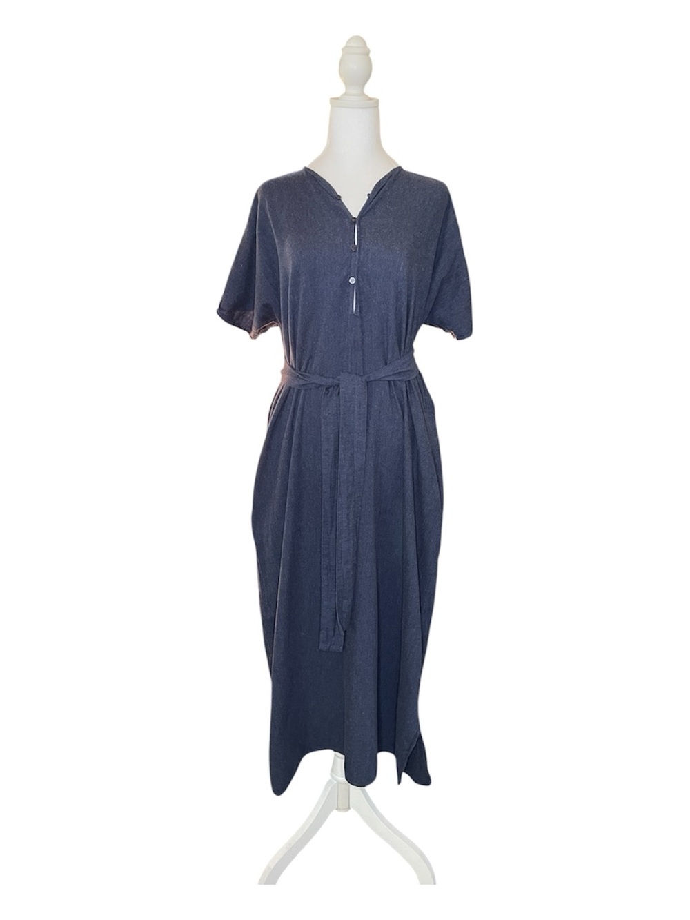 STORQ Navy Cotton Knit V-Neck Short Sleeve Button Front Belted Midi Women’s 2/3